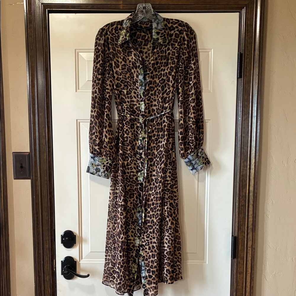 NWT Size 0 WHBM Leopard & Blue Floral Sheer Layered Midi Shirt Dress (ABBA)
